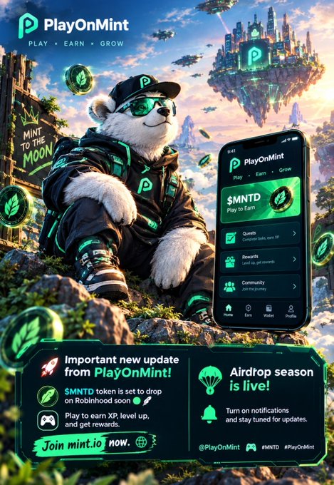 A promotional graphic for 'PlayOnMint' showing a panda mascot, a mobile app interface with '$MNTD' tokens, and text about an airdrop season.