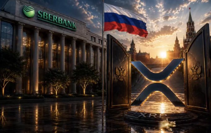 Sberbank's headquarters stands alongside the Russian flag, a glowing XRP symbol, and the Kremlin at sunset—visually representing Russia's state-owned banking giant embracing XRP and crypto services as a milestone for mainstream digital asset adoption.