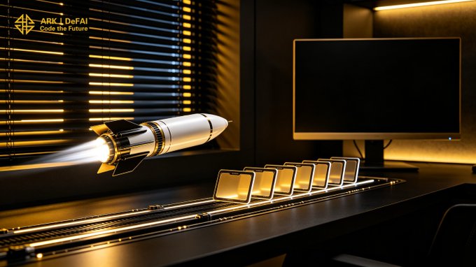 A rocket launching from a workstation toward a computer monitor symbolizes ARK DeFAI's mission to accelerate workflows—visually echoing the post's "one idea → AI Agents → execution at scale" momentum message, with the brand's "Code the Future" tagline reinforcing the theme of rapid, AI-driven progress.