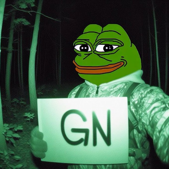 The image features a cartoon frog with green skin, wearing a camouflage jacket and holding a sign that says "Gn CT Hope you showed up today Have a good night's rest fam See y'all tomorrow @wallchain". The frog appears to be in a forest setting, surrounded by trees.