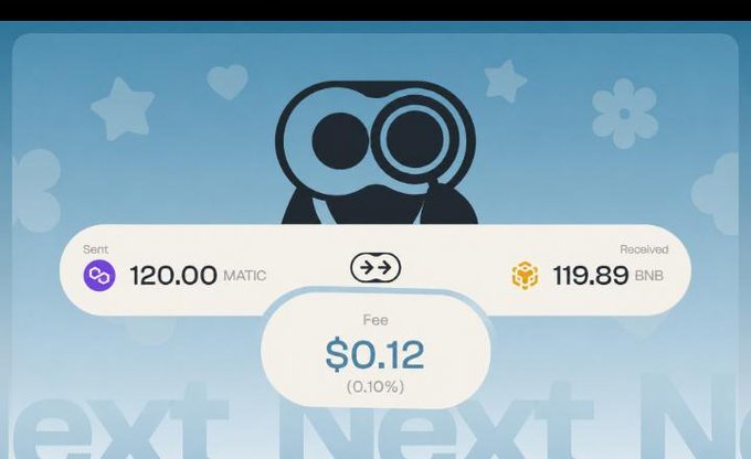 A cryptocurrency exchange interface showing a swap of 120.00 MATIC to 119.89 BNB with a fee of $0.12 (0.10%), featuring a blue penguin mascot background.