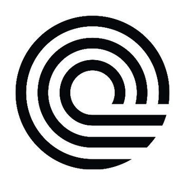 A simple black and white logo featuring concentric circular lines and shapes forming an abstract design.