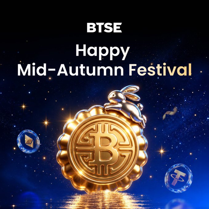 A festive BTSE promotional image wishing "Happy Mid-Autumn Festival," featuring a large golden Bitcoin-shaped mooncake with a rabbit on top, flanked by Ethereum and Tether tokens against a starry night sky.