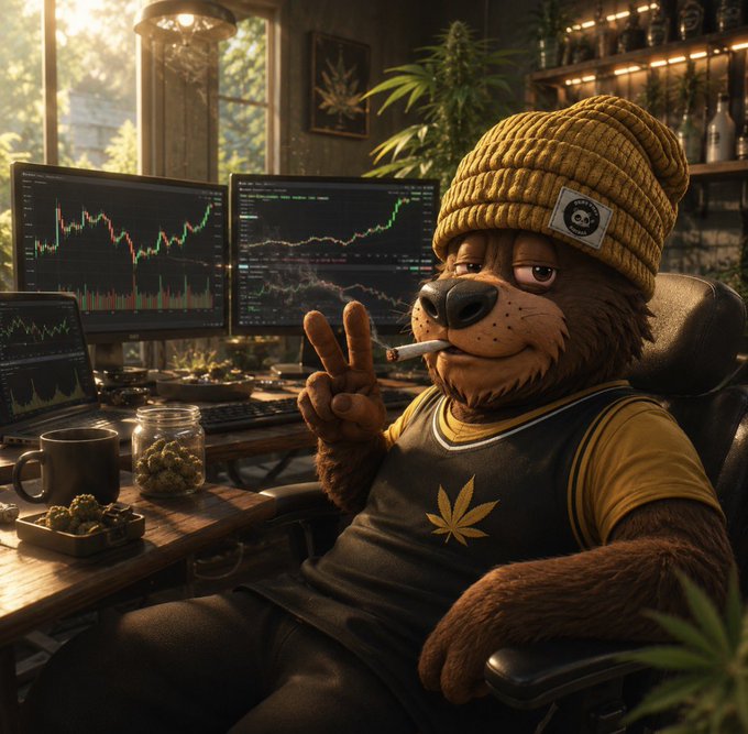 A chill anthropomorphic bear wearing a beanie and a cannabis leaf jersey flashes a peace sign while smoking a joint in his crypto trading den, with multiple monitors showing bullish green and red candlestick charts behind him—perfectly matching the laid-back Saturday "GM" vibes and stoner trader culture of the post.