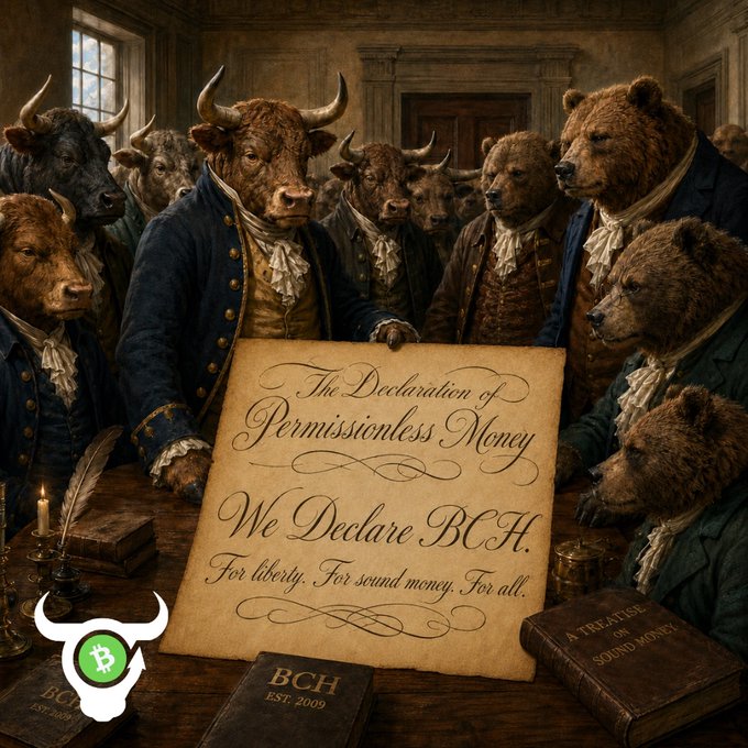 Artistic depiction of bulls and bears in colonial-era clothing signing 'The Declaration of Permissionless Money - We Declare BCH. For liberty. For sound money. For all.' with BCH and 'Est. 2009' visible.