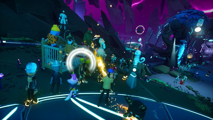 A vibrant scene from a video game showing various cartoonish avatars gathered in a neon-lit, otherworldly environment with purple skies and glowing elements.