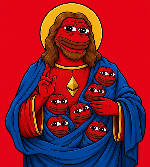 An illustration of a Pepe-style figure depicted as a saintly Jesus-like character with a halo and an Ethereum logo on his chest, cradling smaller Pepe figures within a blue robe against a red background.