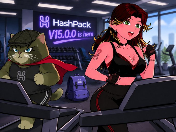 An animated illustration of a green cat in a flat cap and red scarf alongside a red-haired woman in workout gear on treadmills, with a banner reading 'HashPack V15.0.0 is here'.