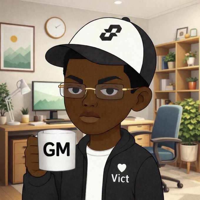 An animated-style portrait of a man wearing a cap and glasses holding a mug that says 'GM', set in a cozy home office with 'Vict' labeled on his hoodie.