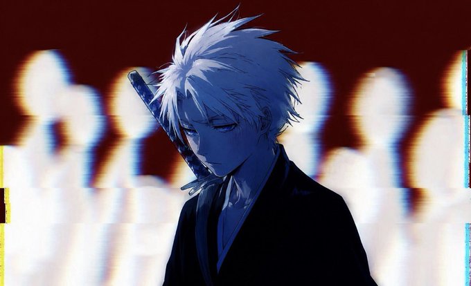 Anime-style artwork featuring a young man with white spiky hair and a sword strapped to his back, rendered in dark blue tones against a background of glowing, blurred figures.