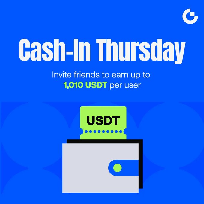 A promotional graphic on a blue background titled "Cash-In Thursday" featuring an illustration of a wallet with a green USDT card emerging from it, advertising up to 1,010 USDT in referral rewards for inviting friends to complete futures trading.