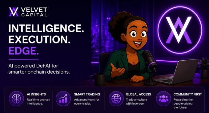 Velvet Capital advertisement highlighting 'INTELLIGENCE. EXECUTION. EDGE.' with an illustrated woman at a podcast desk and features for AI-powered DeFAI onchain trading.