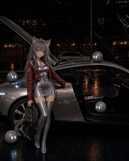An anime-style illustration features a silver-haired female character with cat ears wearing a metallic silver dress and thigh-high boots, standing beside a futuristic silver sports car on a wet city street at night.