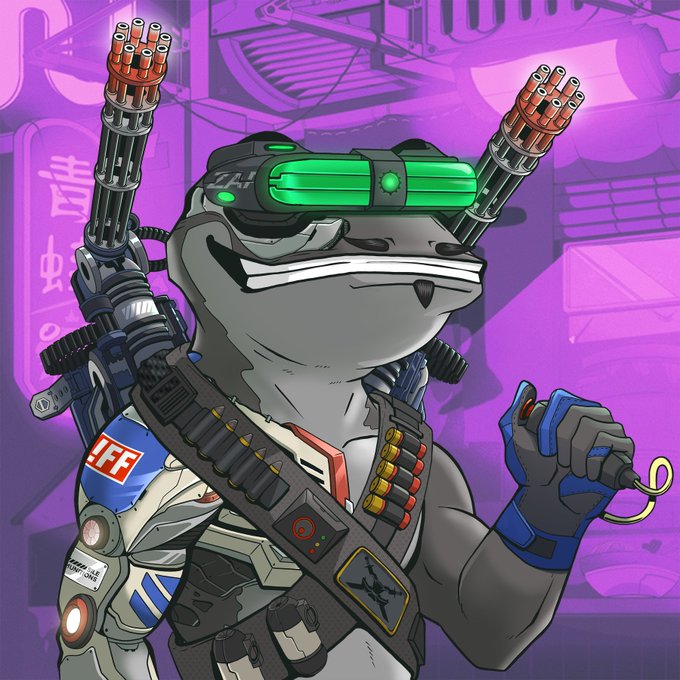 Digital illustration of an anthropomorphic shark character wearing tactical gear with dual shoulder-mounted miniguns, green visors, and a bandolier, set against a purple cyberpunk background.