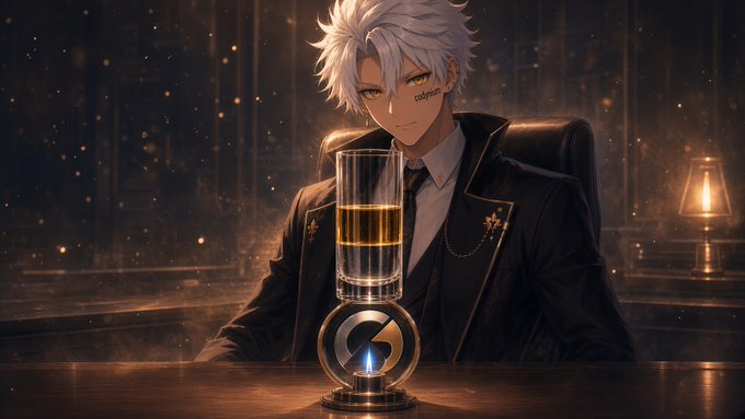 An anime-style illustration of a white-haired male character in a dark suit sitting behind a table with a glowing decorative lamp and a small blue flame.
