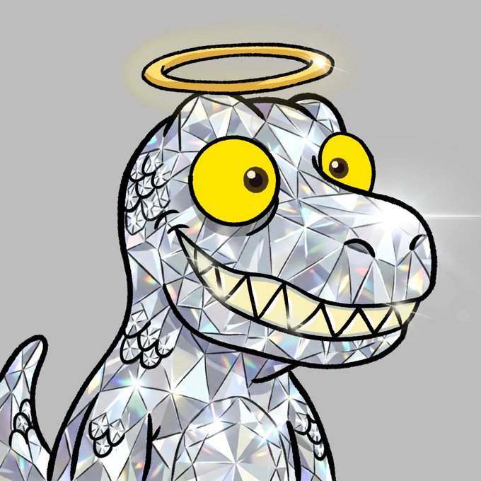 A cartoon diamond-covered dinosaur character with a golden halo above its head and a wide, toothy grin appears alongside a promotional giveaway post for 10 GTD spots related to Chomperz NFT, featuring the call-to-action to follow the involved accounts and submit an entry explaining why they should win.