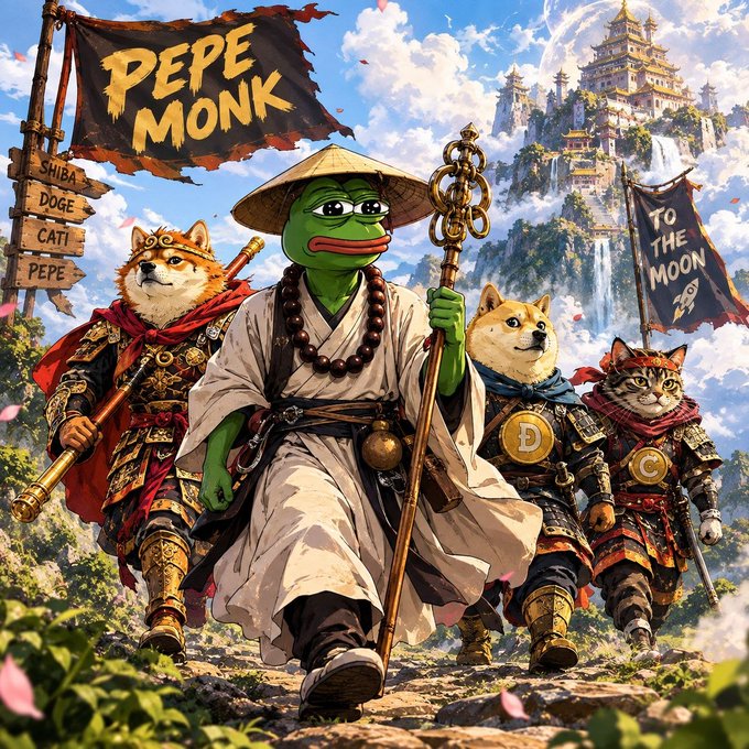 A fantasy illustration depicting a group of meme coin mascots (Pepe, Shiba, Doge, Cat, and Pepe Monk) dressed as warriors/monks with flags reading 'PEPE MONK' and 'TO THE MOON', walking toward a temple in the clouds.