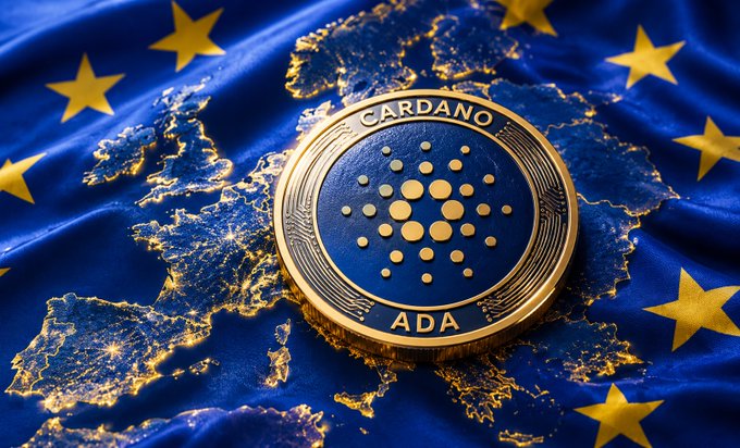 A gold and blue Cardano (ADA) cryptocurrency coin rests on a EU flag backdrop overlaid with a glowing gold map of Europe.