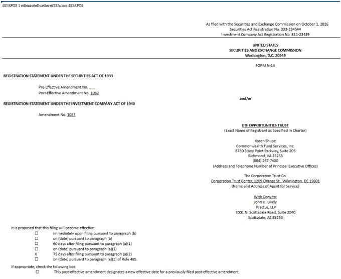 The image shows a SEC Form N-1A registration statement cover page for ETF Opportunities Trust, filed on October 1, 2025 (post-effective amendment No. 1032). It features an "X" marked next to "75 days after filing pursuant to paragraph (a)(2)," indicating a delayed effective date consistent with the upcoming launch of XRP-related ETFs referenced in the post.