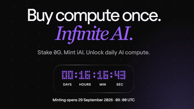 Promotional graphic with the text 'Buy compute once. Infinite AI. Stake 0G. Mint iAI. Unlock daily AI compute.' featuring a countdown timer and 'Minting opens 29 September 2026 · 09:00 UTC'.