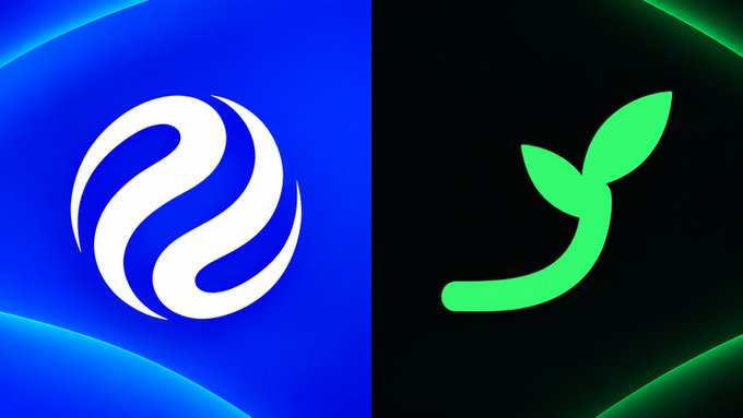Two logos are shown side by side: a white swirling sphere on a blue background on the left, and a green leaf-shaped emblem on the right.