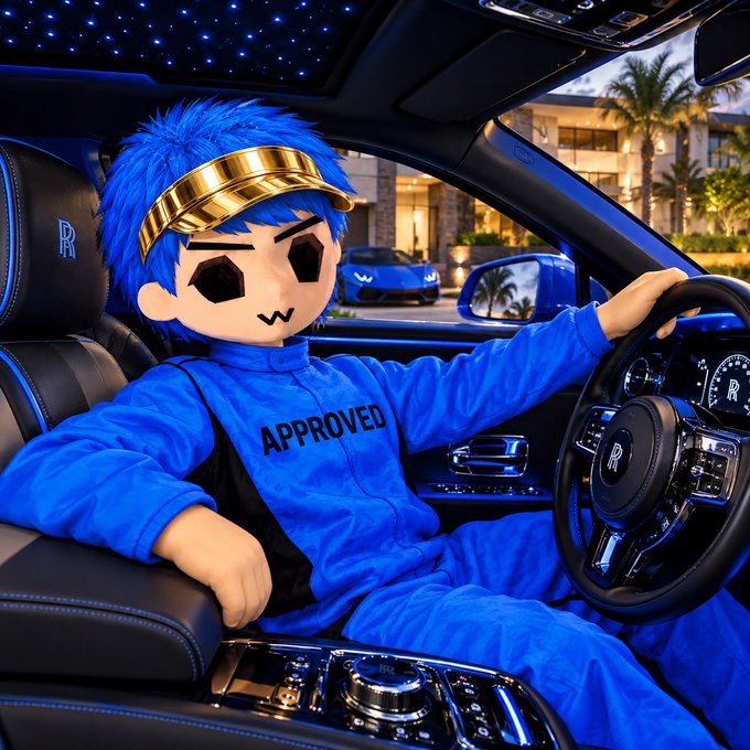 A 3D render of a stylized character with blue hair, gold headband, and a blue jumpsuit labeled 'APPROVED' sitting in the driver's seat of a luxury Rolls-Royce with a starlight headliner.