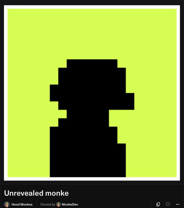 A pixelated black silhouette of a hooded figure on a lime green background is shown, labeled "Unrevealed monke" from the Hood Monkes NFT collection (owned by MonkeDev), teasing the upcoming reveal of a new hooded monkey NFT character being given away to celebrate the collection's mint out.