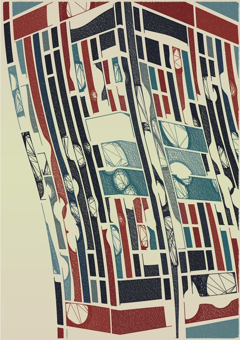 An abstract geometric painting composed of rectangular blocks in red, navy blue, teal, and cream colors arranged in a fragmented architectural pattern.