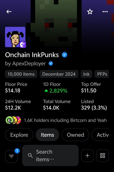 A screenshot of the OpenSea listing for the "Onchain InkPunks" NFT collection by ApexDeployer, showing a floor price of $14.18 with a 2,829% 1D increase, $12.2K 24H volume, and 1.6K holders. The image directly supports the post's claim about INK Chain NFTs pumping significantly, visually confirming the dramatic price surge being highlighted.