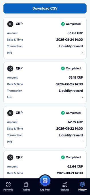 A mobile screenshot of the FortisX app's "Liq. Pool" history tab showing four completed XRP liquidity reward transactions dated 2026-08-21 through 2026-08-24, with daily amounts of 62.64, 62.79, 63.15, and 63.03 XRP, each marked with a green "Completed" status above a bottom navigation menu with Portfolio, Wallet, Liq. Pool, Staking, and History tabs.