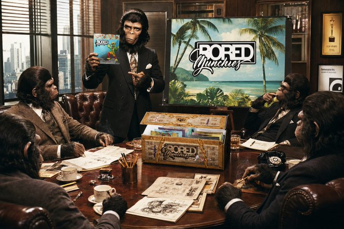 A humorous scene of chimpanzees dressed in business attire around a conference table in an office, with one standing and presenting a 'BORED Munchies' branded package.