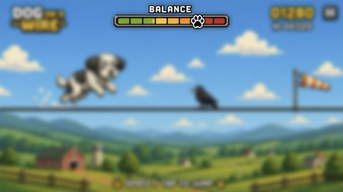 A screenshot of the "Dog on Wire" mobile game shows a black-and-white dog balancing on a tightrope against a countryside backdrop, with a "BALANCE" meter at the top and a score of "01200." The image ties into the post by suggesting that the DOWA collectible could serve as a playable character in a reward-based game like "Dog on Wire."