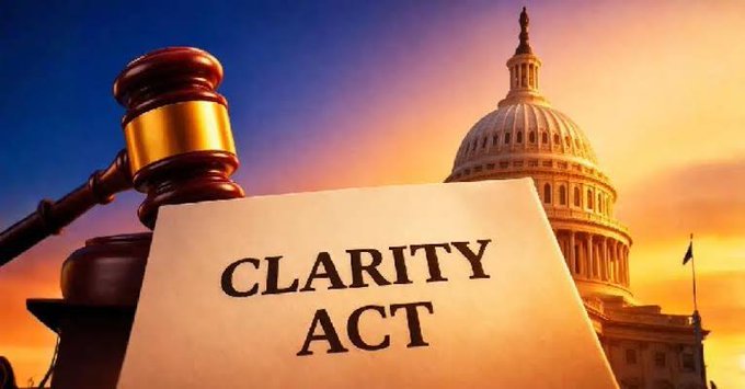 Graphic showing a gavel, a document labeled 'CLARITY ACT,' and the U.S. Capitol building at sunset.