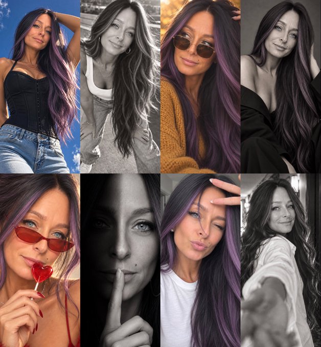 A collage of eight portrait photos showing a woman with long hair styled with purple highlights, posing in various outfits and settings.