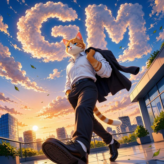 An anime-style illustration of an anthropomorphic orange tabby cat walking confidently across a rooftop terrace at sunset, dressed in a white button-up shirt, black trousers, and carrying a dark jacket, with the word "SOAR" spelled out in the clouds above.
