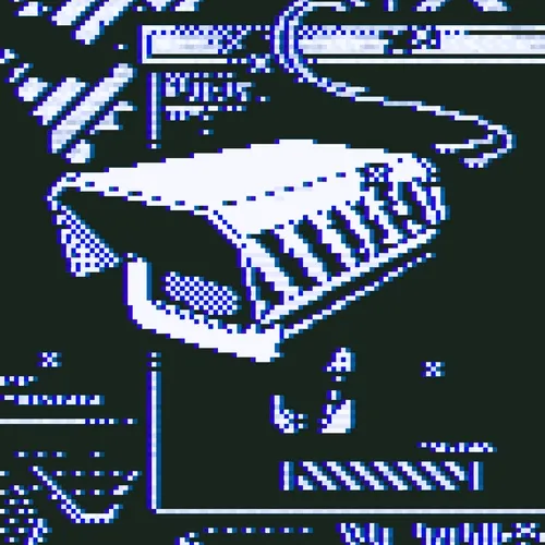 A heavily pixelated, high-contrast blue and white image showing a large keyboard or synthesizer and some indistinct figures or screens below it.