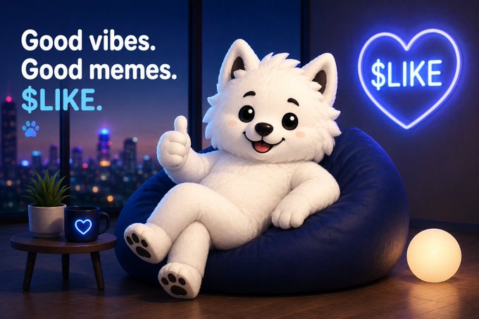This image depicts a white cartoon dog giving a thumbs up, with the text "Good vibes. Good memes. $LIKE." displayed prominently, reflecting the accompanying post's sentiment about the $LIKE coin on Solana.