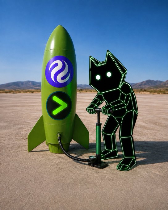 A digital render of a green rocket and a black, glowing geometric cat figure operating a pump on a barren landscape under a blue sky.