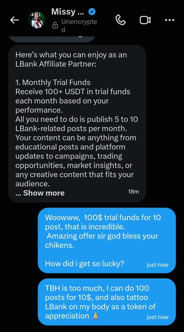 An Instagram DM screenshot from 'Missy' (Unencryptd) describing an LBank Affiliate Partner offer with monthly trial funds of 100+ USDT for publishing 5-10 posts monthly, and blue reply messages expressing enthusiasm and offering to tattoo LBank on the body as appreciation.