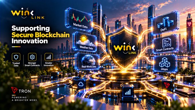 A promotional graphic for 'WINk LINK - Supporting Secure Blockchain Innovation' showing features like Market Data, Weather Data, DeFi, Smart Contracts, Real-World Data, and dApps, with a Tron logo.
