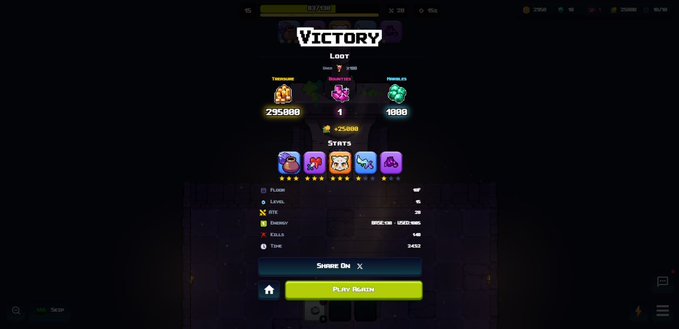 A video game victory screen displays loot earned (295,000 Treasure, 1 Mythic, 1000 Prismatic) and match stats, with options to 'SPEND ON X' and 'PLAY MATCH'.