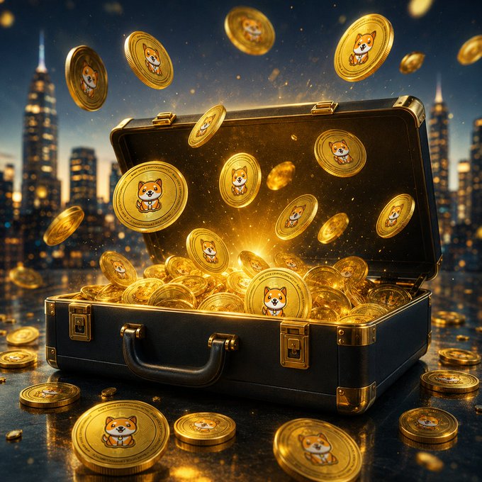 A briefcase overflows with gold coins featuring the Shiba Inu mascot, symbolizing the accumulation of BabyDoge tokens, set against a glittering city skyline that mirrors the post's message of steadily building a crypto position over time.
