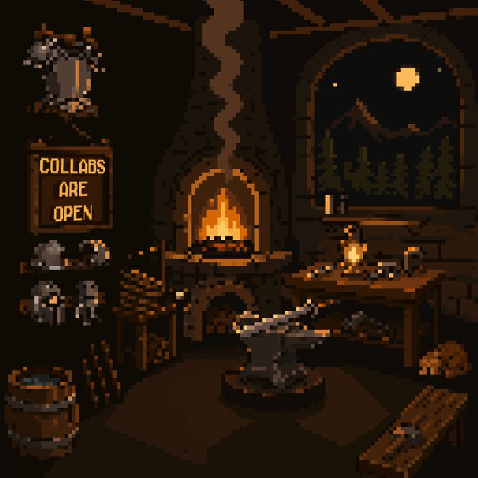 A pixel art scene of a medieval blacksmith workshop with a lit fireplace, anvil, and a sign reading 'COLLABS ARE OPEN'.