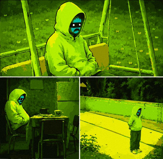 A hooded figure with glowing blue eyes sits alone in three monochromatic green-tinted scenes—on a swing, at a dining table, and standing in an empty lot—projecting an eerie, watchful presence that mirrors the post's cryptic teaser about an upcoming Phase 3 whitelist drop for the "grifthood gang."