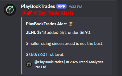 A Discord alert from PlayBookTrades (@DayTrade Alerts) announces an addition to JLH at $7.18 with a stop/loss under $6.90, noting smaller sizing due to weak spread and highlighting the $7.50/$7.60 first level. This aligns with the accompanying learning post about identifying the next China-related name to run, as JLH appears to be a newly flagged China stock being positioned for a potential move.