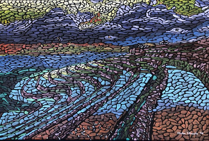 A colorful mosaic-style landscape painting depicting rolling hills and winding rivers in blues, greens, and purples, signed 'Charles Edwards 20' in the corner.