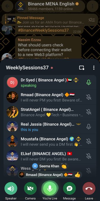 A screenshot of a Telegram voice chat in the 'Binance MENA English' group (58,466 members) showing a pinned message about a Binance AMA and a list of 'Binance Angel' speakers including Dr Syed, Rmaad, StratAngel, Real Jassia, Moustafa, ELkef, and Seema Khan.