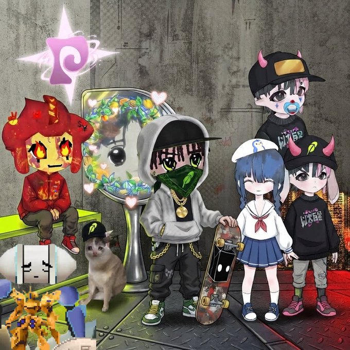 A group of stylized chibi-style characters pose together in an urban setting, with one in a red hoodie featuring fire-patterned eyes, another in a gray hoodie holding a skateboard, a schoolgirl in a sailor uniform, and others wearing devil-horned caps and black tees displaying "Lil Devils" branding. The image ties to the post by showcasing the "Lil Devils" NFT collection as one of the eligible collections for partners to claim a free mint through the arciliomaker.xyz holder claim portal.