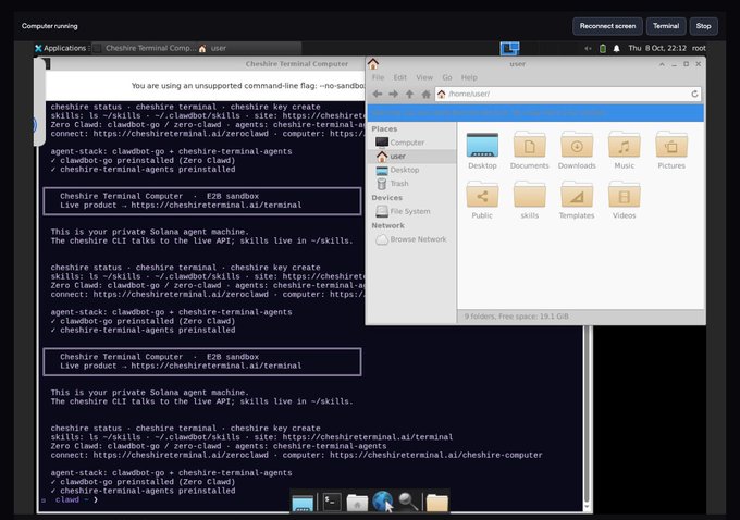 A computer screen displays a terminal window running commands for 'cheshire-terminal' and 'clawdbot-go', alongside a file manager window showing directories like Desktop, Documents, Downloads, Music, Pictures, Public, skills, Templates, and Videos.