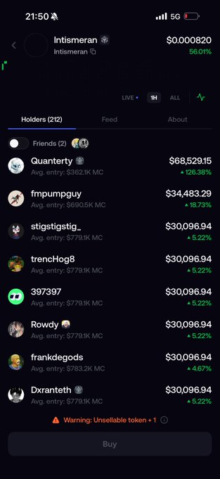 A mobile app screenshot displaying a token's holders list for 'Intisimeran' priced at $0.000820, showing top holders like 'Quanterly' with $68,529.15 and 'fmpumpgu' with $34,483.29, along with a warning of 'Unsellable token > 1'.